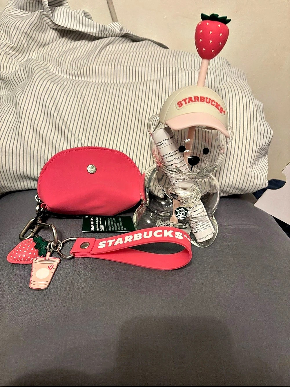 Starbucks Bearista Glass Pink Drink and Wristlet bundle